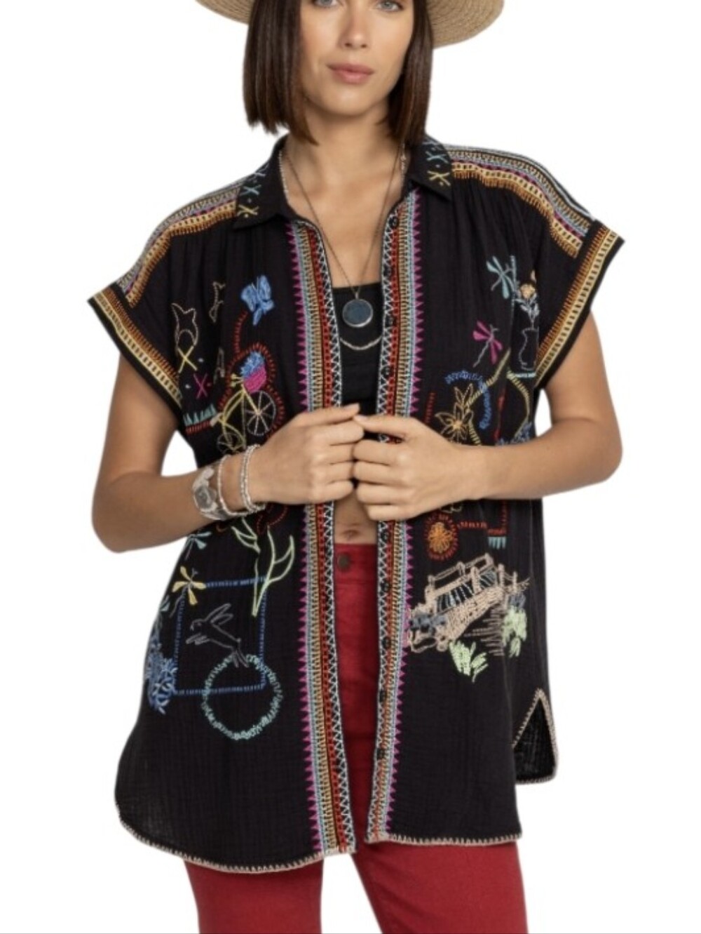 Johnny Was BIYA Dionne Top Black Embroidered Button Down Shirt Oversized XS